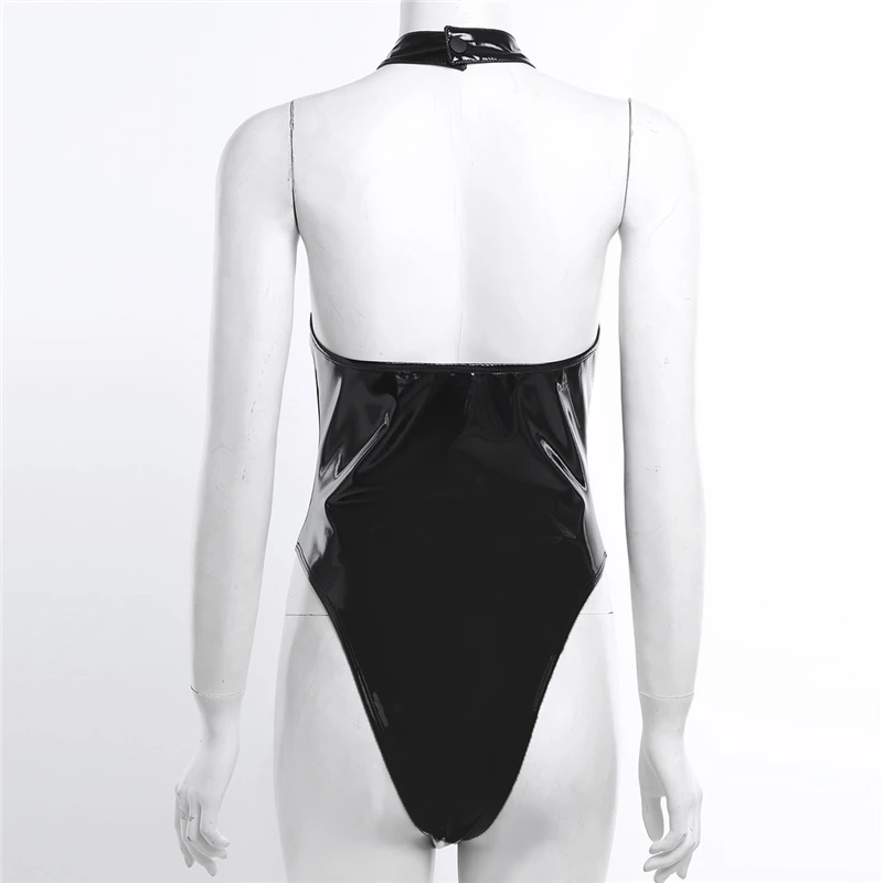 Sexy Women Black One Piece Body Suit Wetlook Latex Catsuit High Neck Halter Backless Leotard Bodysuit for Night Club Dance Wear sexy bodysuit