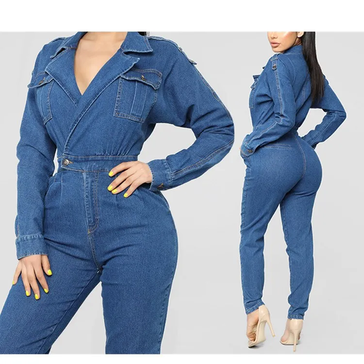 

Women Blue Jeans Jumpsuit Turn Down Collar Long Sleeve Denim Rompers Vintage Casual Bodysuits Overalls
