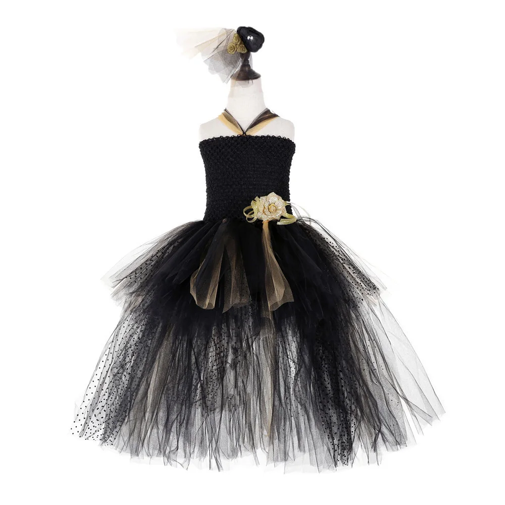 

Casual Black Princess Short Front Long Back Dress for Girls Flower Ployester Mesh with Dot Party Dress Girl 8 Years Ball Gowns
