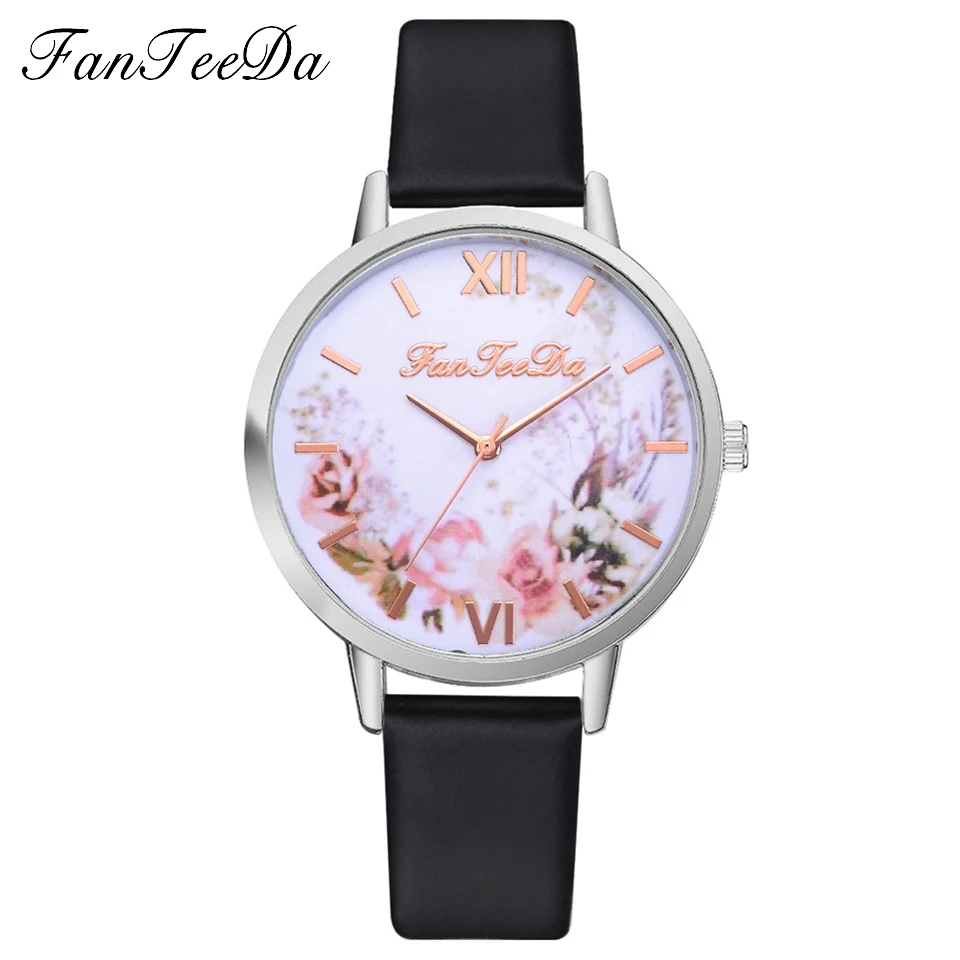 

Fanteeda Brand Casual Leather Wrist Watches Summer Dress Ladies Quartz Watch Women Silver Flower Watch PU Clock Drop Shipping
