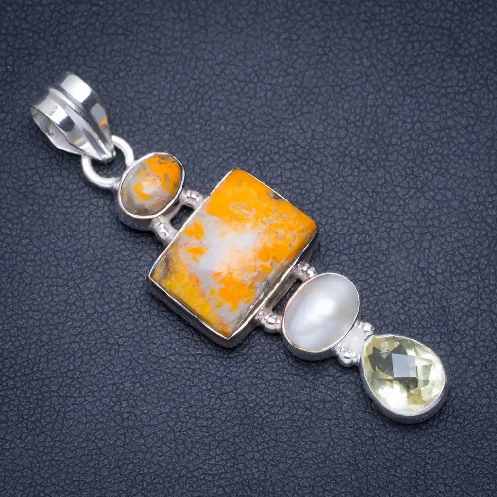 

Natural Bumble Bee Jasper,River Pearl and Citrine Handmade Unique 925 Sterling Silver Pendant 2" A0060