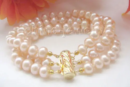 

FREE SHIPPING HOT sell new Style >>>>Beautiful 8" 3row 7-7.5mm pink freshwater pearl bracelet