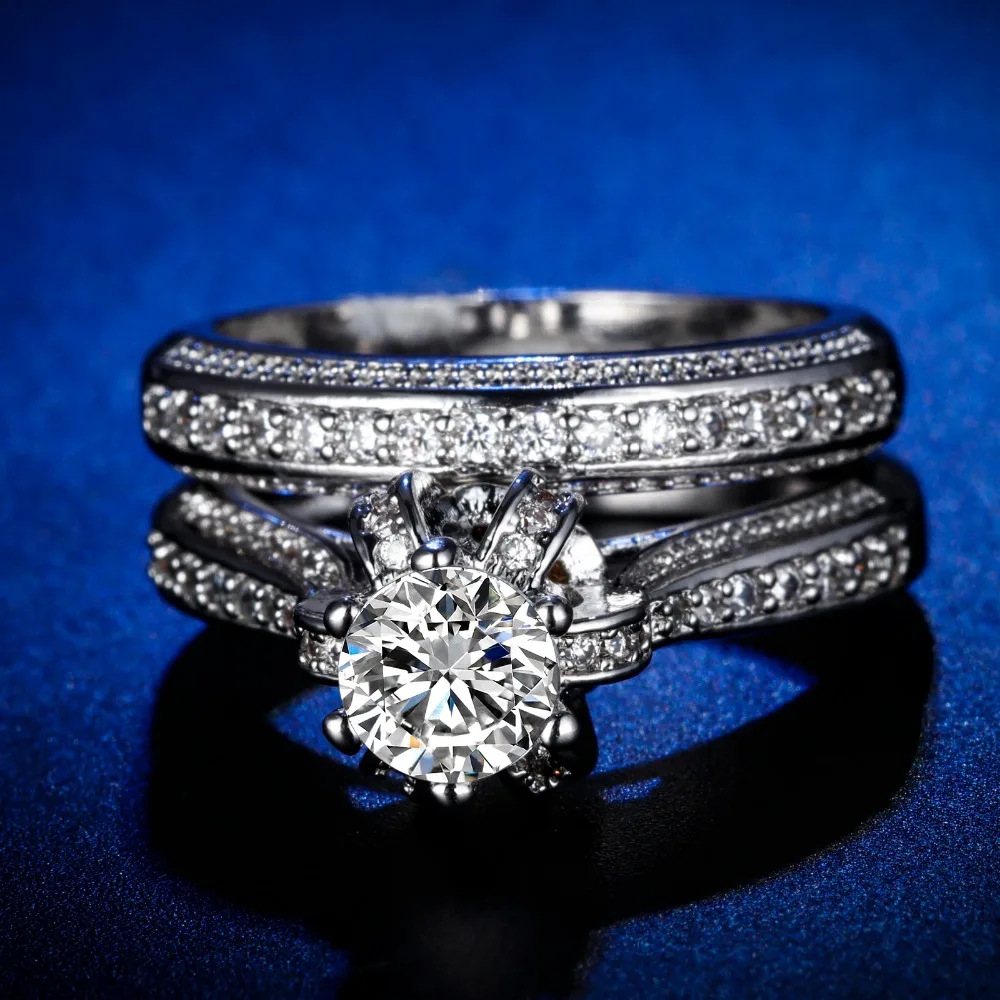 

Original Design Handmade cz unique style 2pcs in 1 couple round cut Ring Cubic Zirconia Hot Ins sterling silver 925