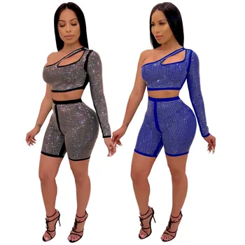 

Cross-border women's wear European and American fashionable sexy hot-drilled one-sided sleeve shorts two-piece trousers suit