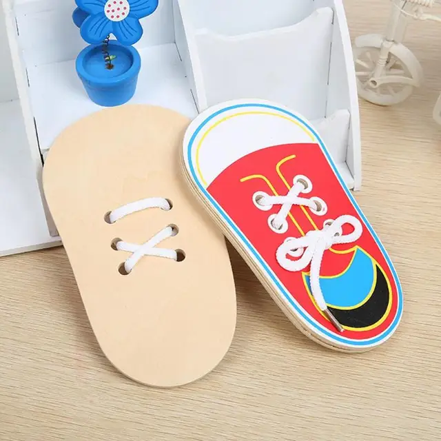 Kids Cute Wooden Shoes Clothes Puzzles Toys Children Montessori Early Learning Tie Shoelaces Puzzles Wood Beads Lacing Board 2