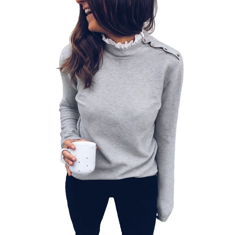 

Women T-shirts Sexy Lace Turtleneck Knitted Ladies T-shirt Tops 2018 Autumn Fashion Long Sleeve Female Slim Bottoming Clothing
