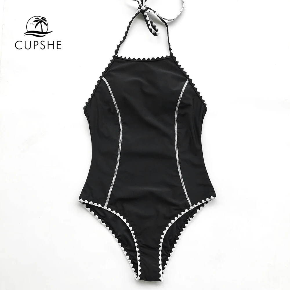 CUPSHE Black Halter One piece Swimsuit Women Backless Sexy Bodysuits