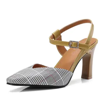 

B2-4 Size 33-46 Female Elegant Gingham Sandals Women Summer Plus Size Shoes Lady Shallow Career Dress Shoes Woman Heels Shoe