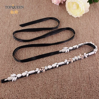 

TOPQUEEN S422 Luxury opal bridal belt for dresses weding sash belt with satin ribbon decorative dress belt Black Bridal Belting