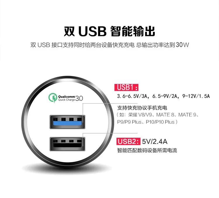 Автомобильное зарядное устройство QC 3,0 с металлическим корпусом и двумя портами usb, быстрая зарядка, универсальное автомобильное зарядное устройство для Xiaomi, samsung, iPhone, iPad и т. Д
