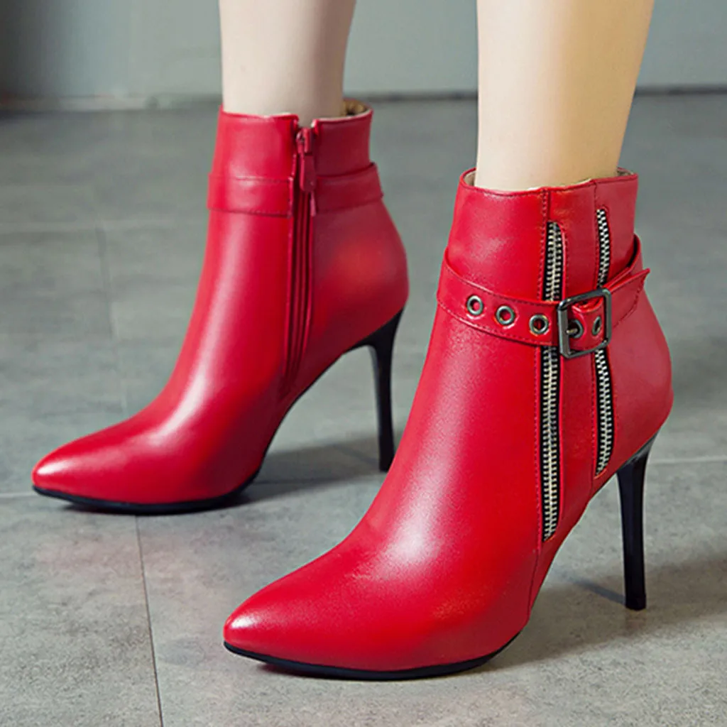 

Red Leather Keep Warm Winter Boots Women's Fashion Pointed Thick Heel Shoes Waterproof Platform High Heel Boots chaussures femme