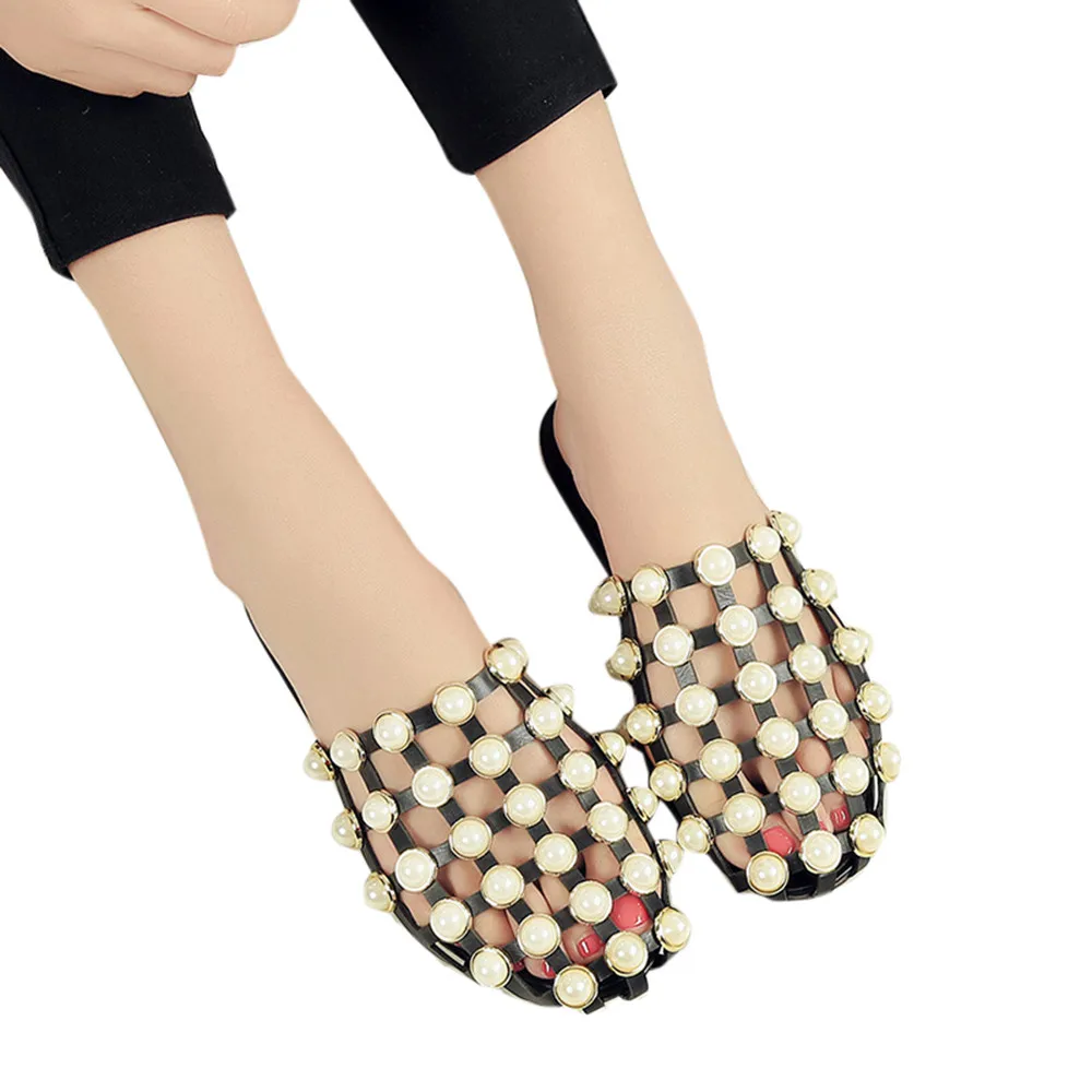 

Summer Rome Style Slippers Women Floor Soft Home Female Pearl Slipper Flat Shoes Slides Comfortable Beach Slippers