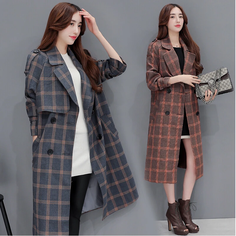 À Boutonnage Nouvelle Chandail Femelle ardoisé Automne coréen Dans Marée vent Mme Section 2017 Manteau Revers De Carreaux Longue Coupe Marron Cardigan La Double wI0pqT5T