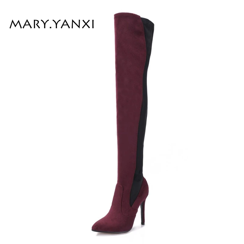 

Winter Women Long Over-the-Knee Boots Flack Nubuck Slip-on Lady Shoes Short Plush Rome Super High Thin Heels Patchwork Fashion