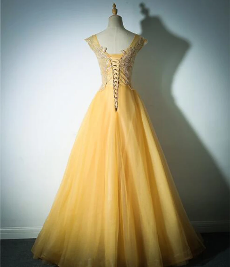 Желтые длинные кружевные Выпускные платья а-силуэт сексуальные 8 класс женские тюлевые вечерние платья для выпускного платья Promdress