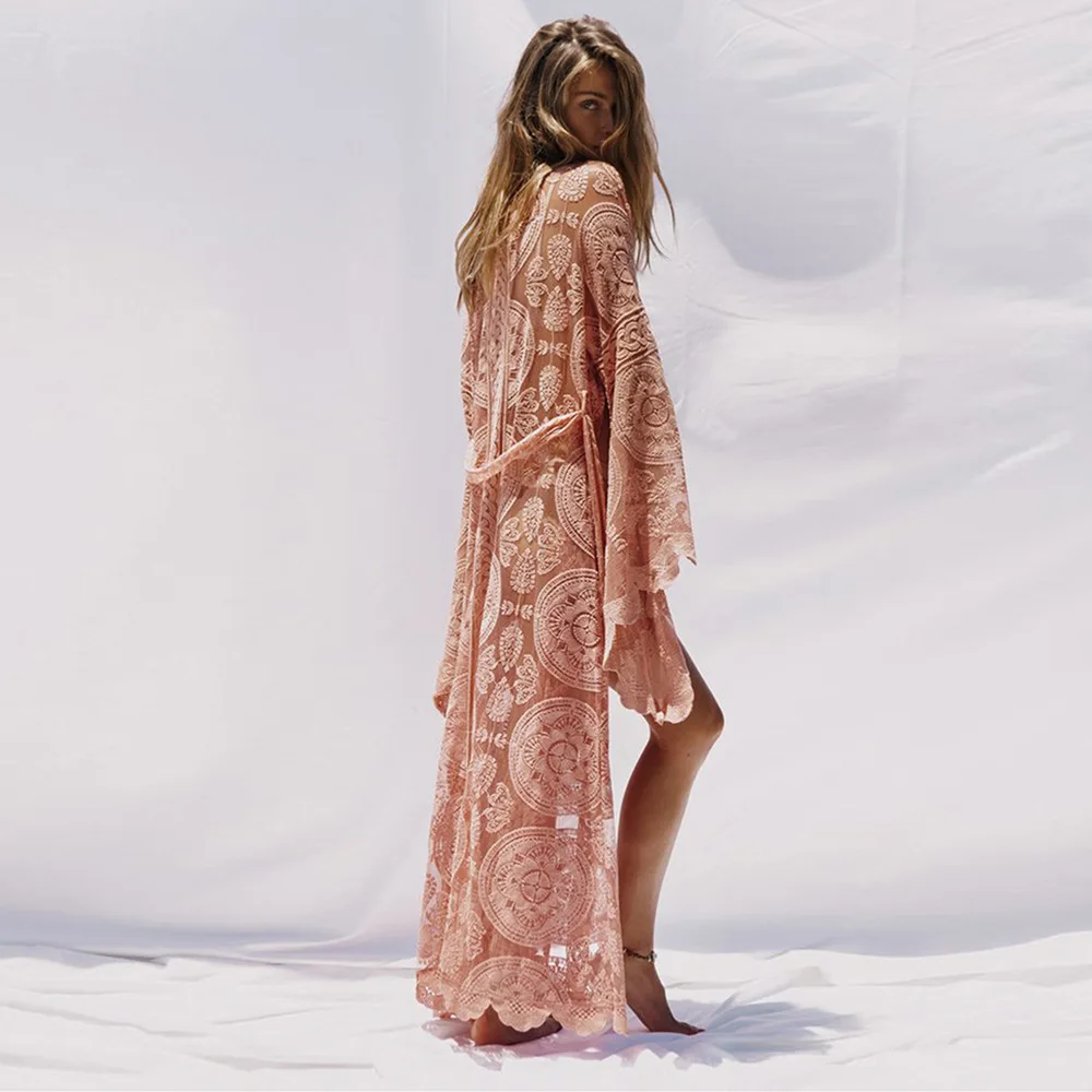 

Vintage Kimono Lace Cardigan Women Dress Flare Sleeve Floral See Through Loose Blouse Bohemian Maxi Long Beach Shirt Plus Size