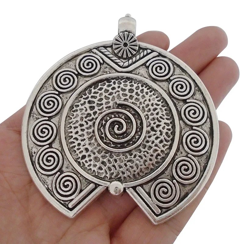 

3 x Antique Silver Large Round Boho Spiral Swirl Vortex Style Charms Pendants for Necklace Jewelry Making Findings 78x69mm