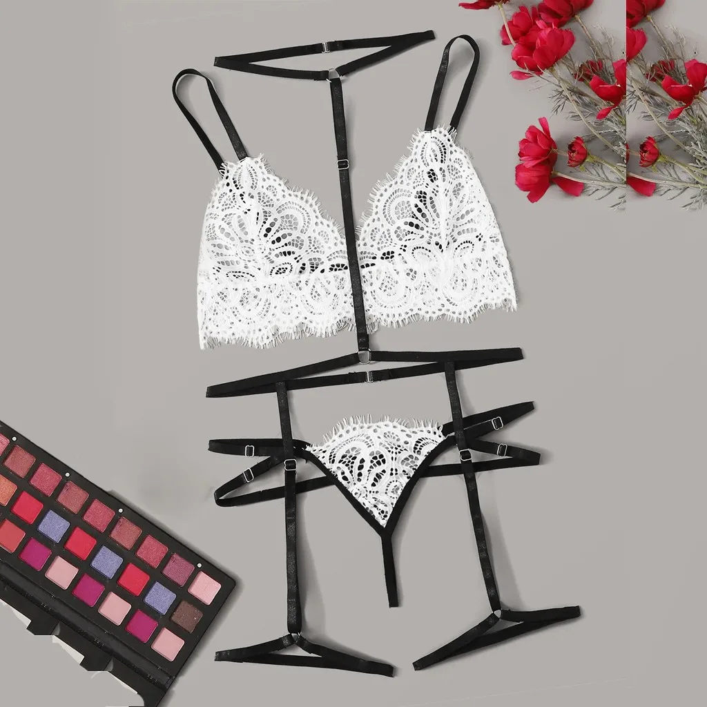 

Women Lace V neck Front Clasp Lingerie Set 1/2 Cup Sexy Triangle Brassiere Underwire Thong Bralette Underwear #P3