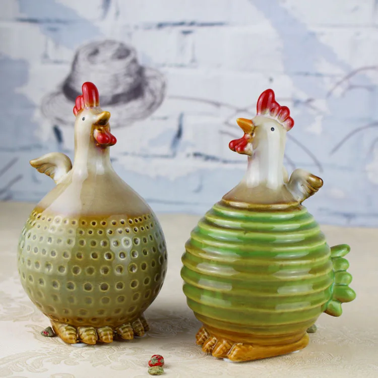 

New Product European Style Cartoon Lucky Green Ceramics Pair of Chicken Hand Made Zodiac Ornaments TV Cabinet Furnishings