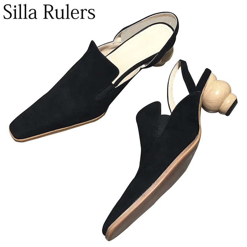 

Silla Rulers Black Kid Suede High Heels Women Close Toe Strange Style Square Toe Slingbacks Women Shoes 2018 New Winter