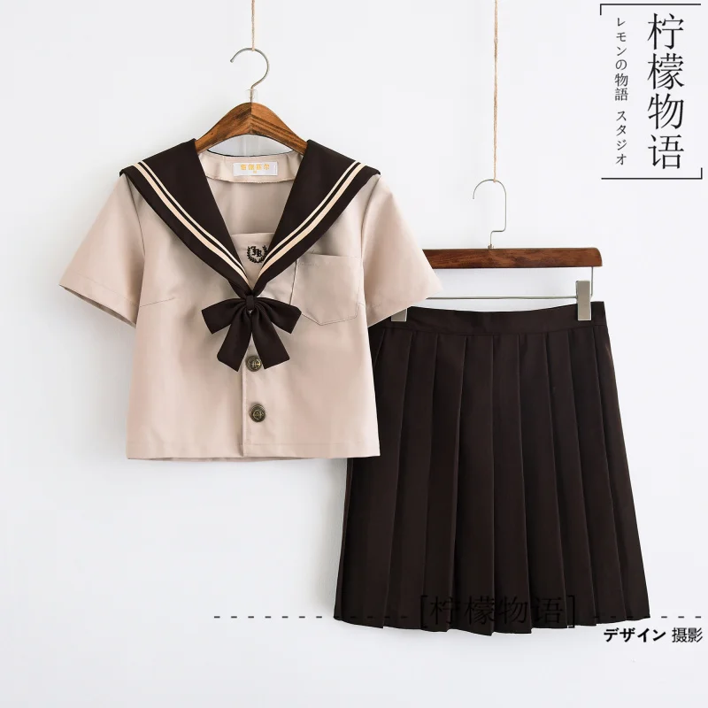 

Japanese JK Girls Long/Short Sleeve High School Cosplay Kanto Collar milk tea Uniform Sailor Suits (Socks as gift) S-XXXL #16