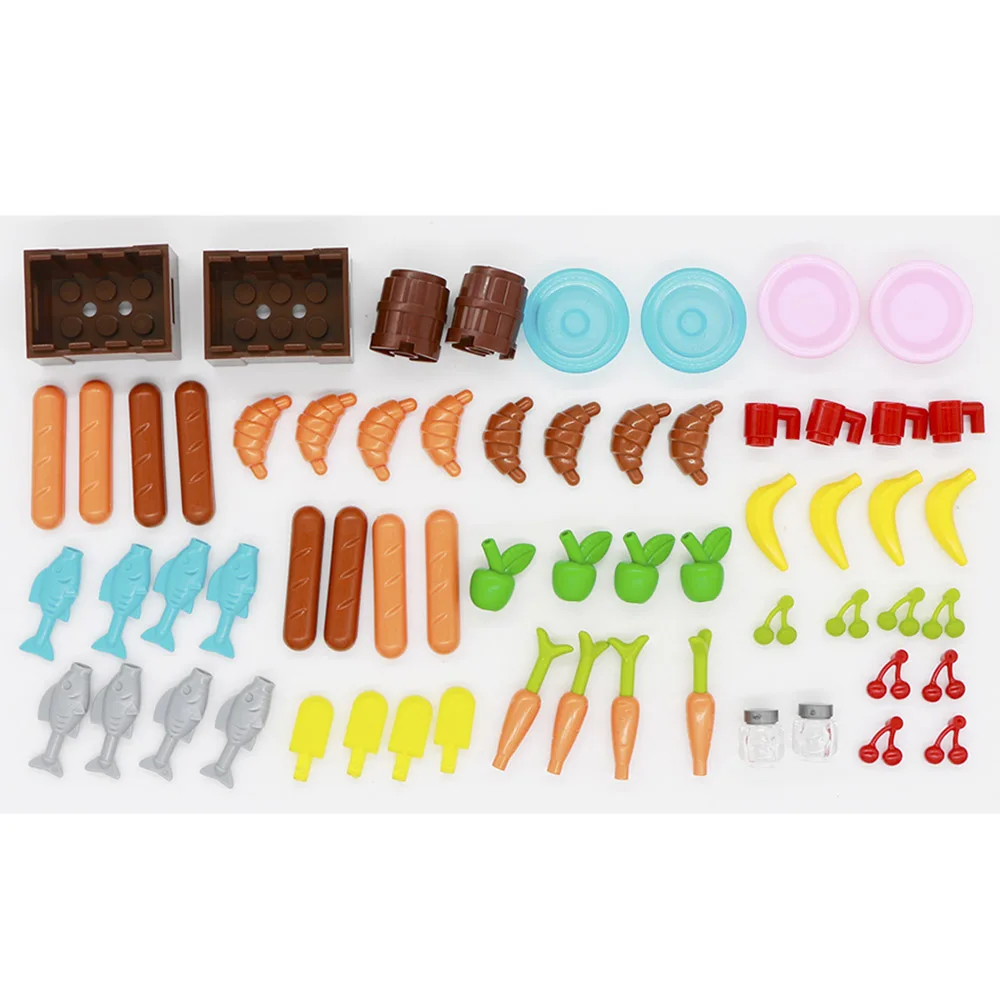 Legoed Food Accessories Friends MOC Building Blocks 110pcs Drinks Fruit Vegetable Bread Fish Bottle City Brick Toys For Children (1)