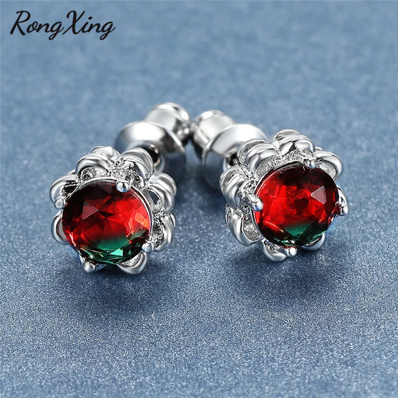 

RongXing Unique Rose Red Green Crystal Zircon Stud Earrings for Women 925 Silver Filled Rainbow Stone Earring Lady Boho Jewelry