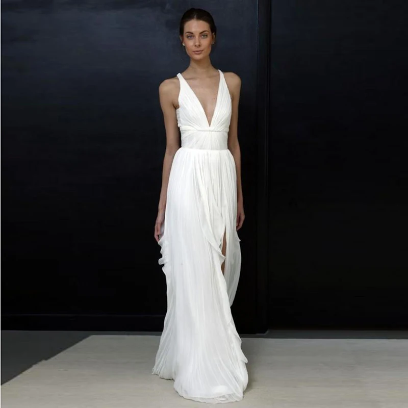 2019 Sheath Wedding Dresses for Greek Goddess Simple Brides Wear Cheap Long Pleated Split Bohemian Boho Bridal Dress Beach