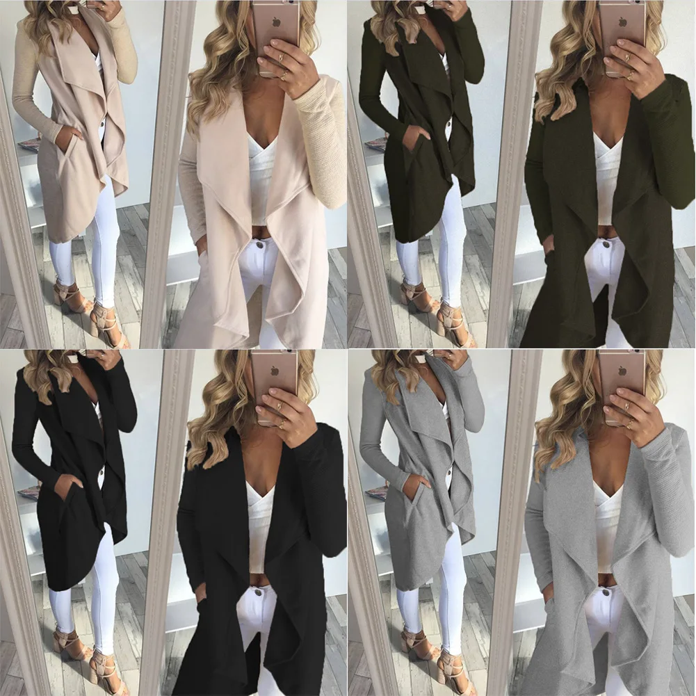 Waterfall Collar Pocket Front Wrap Work Wear Trench Peach full Sleeve Apricot Knee Length Office Women autumn winter Coat woman Coats