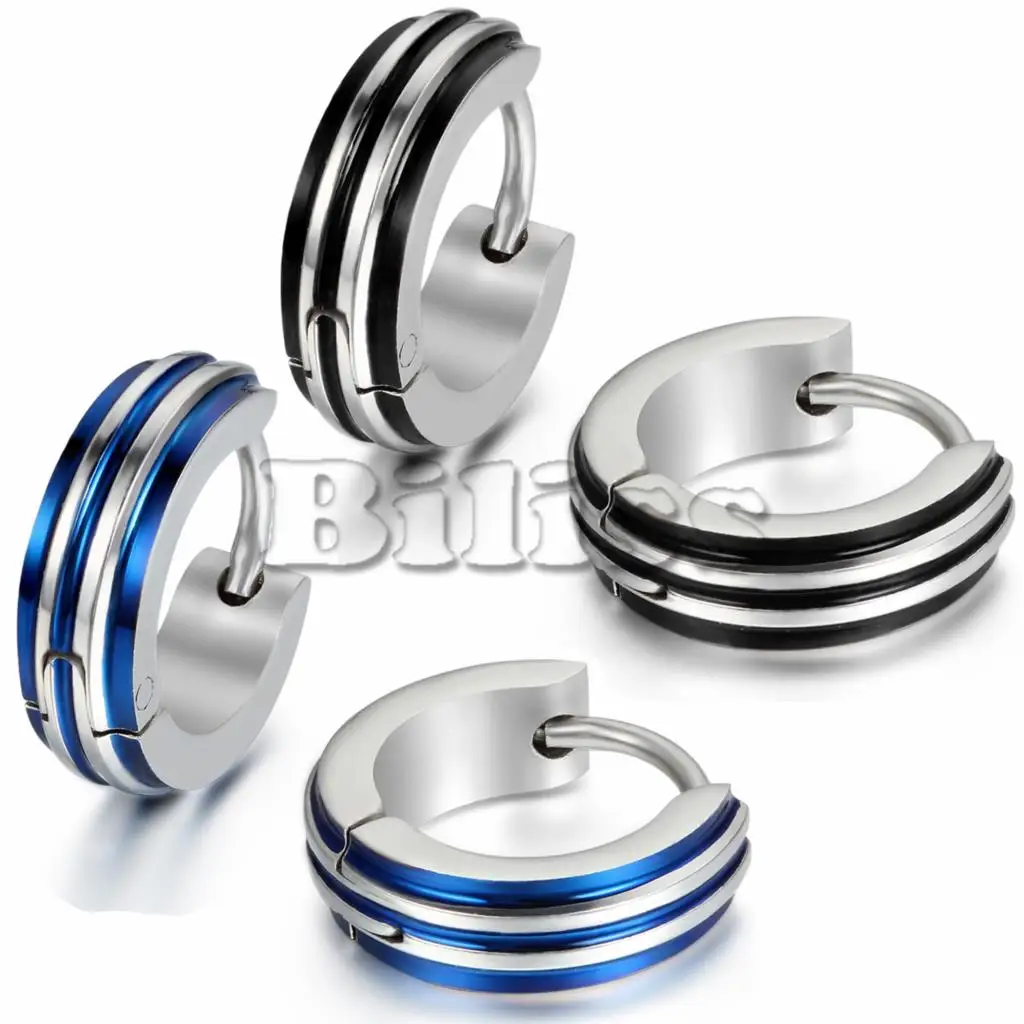 

BONISKISS Men's Stainless Steel Small Hoop huggie Earrings Striped Unique Polished brinco masculino Blue/Black Selection 4mm