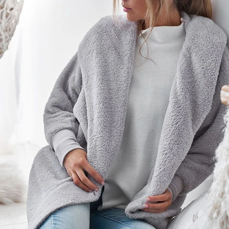 

Casual Faux Fur Furry Women Winter Soft Wool Fleece Thick Warm Coat Long Sleeve Hooded Cardigan Loose Outerwear Overcoat 6Q2157