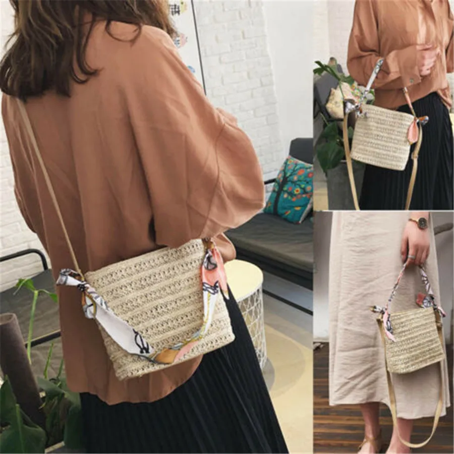 

2019 New Fashion Women Hand-Woven Rattan Bag Lady Straw Purse Wicker Crossbody Beach Bag Gift