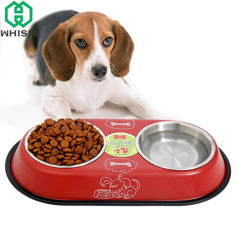 

WHISM S/L 2 in 1 Stainless Steel Double Bowls Dog Cat Pet Food Water Feeder Dish With Plastic Stand Pet Food Bowls For Dog