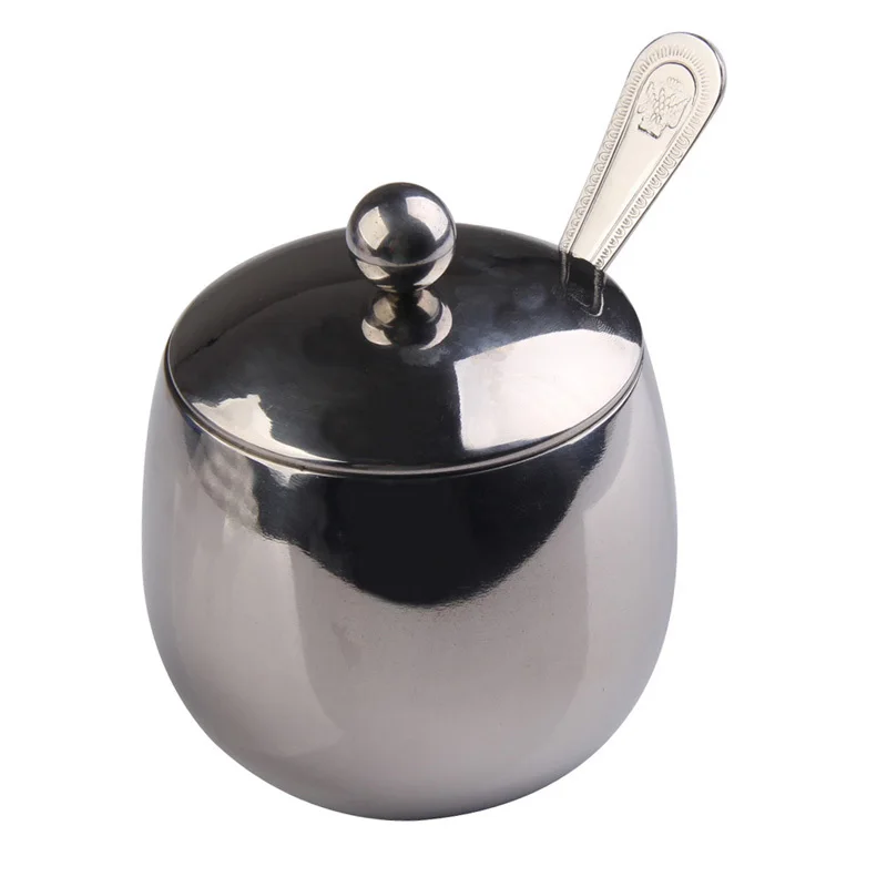 300ML Stainless Steel Coffee Espresso Sugar Bowl Pot With Spoon Cover Drum Shape Cup Promotion Free Shipping | Дом и сад
