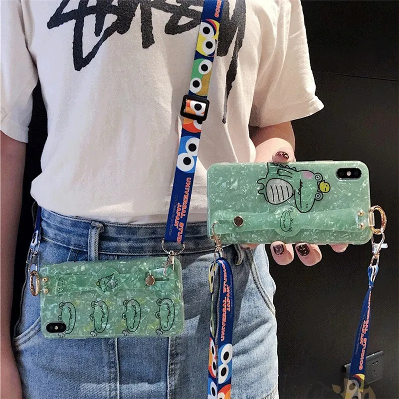 

glitter foil dinosaur shoulder silicon strap case for iphone 7 8 6 6s plus X XR XS MAX case cover cute cartoon wristband holder