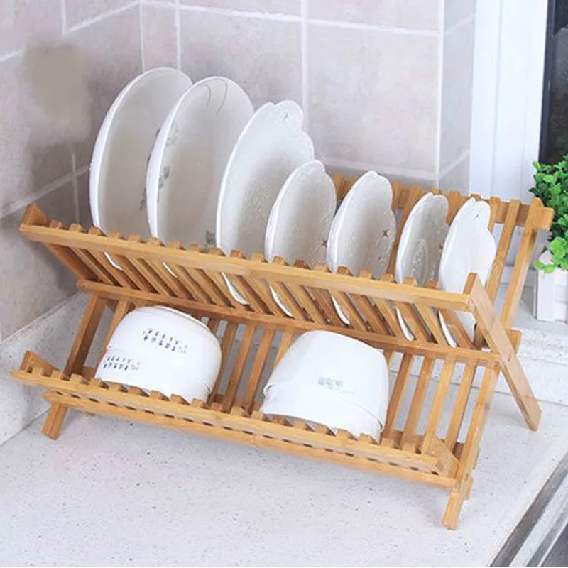 

Foldable Double Fence Bowl Rack Bamboo Shelf Storage Sink Drain Rack Wash Hanging Shelf Kitchen Cupboard Organizer Stand Holders