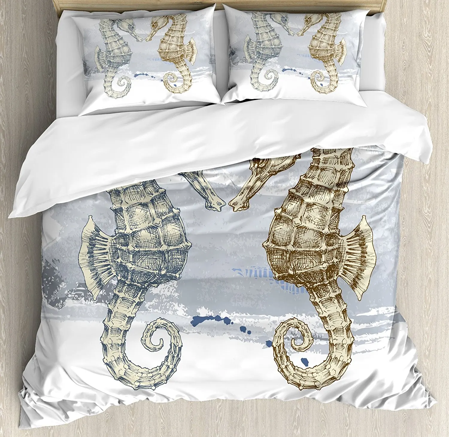 

Animal Decor Duvet Cover Set Seahorse Love Valentine's in Paintbrush Art Technique Grunge Splash on Background 4pcs Bedding Set
