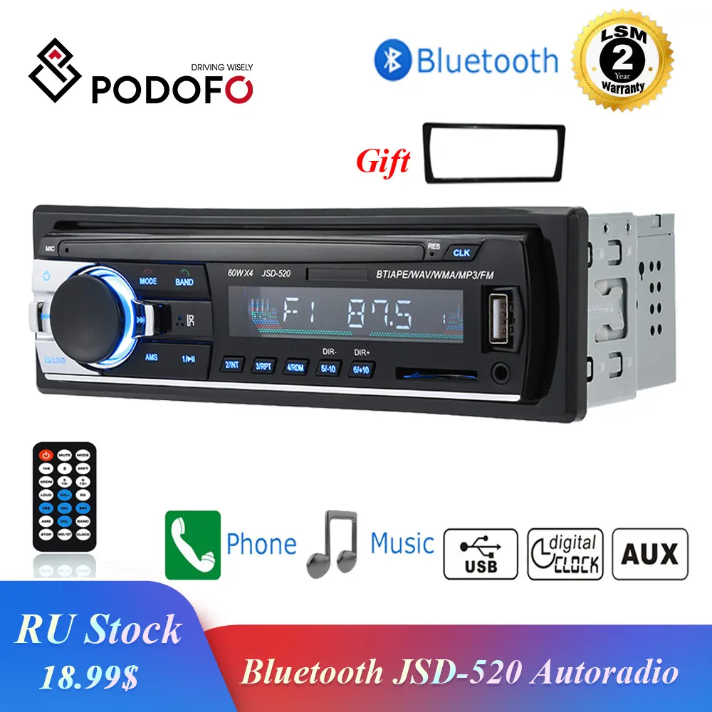 Podofo JSD-520 1 din автомобильный MP3 мультимедийный плеер Автомобильный стерео радио fm-приемник Aux вход SD USB 12 В в-тире Bluetooth Авто радио