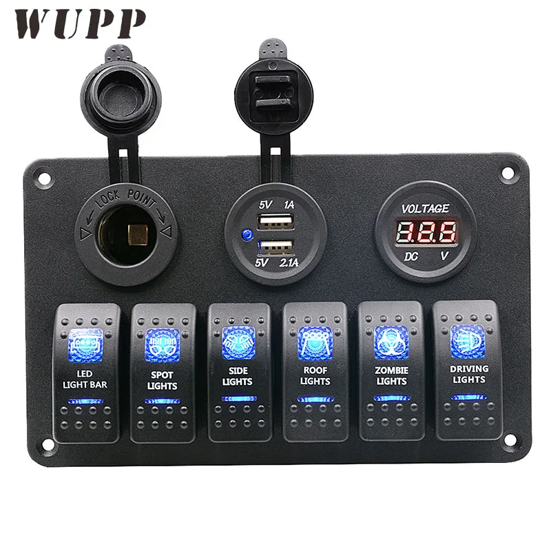 WUPP Switch Panel 5V Dual Usb Car Charger 12V Voltmeter 6 Gang Auto Boat Marine Cigarette Lighter Blue Led Rocker Switch Panel WUPP Switch Panel 5V Dual Usb Car Charger 12V Voltmeter 6 Gang Auto Boat Marine Cigarette Lighter Blue Led Rocker Switch Panel