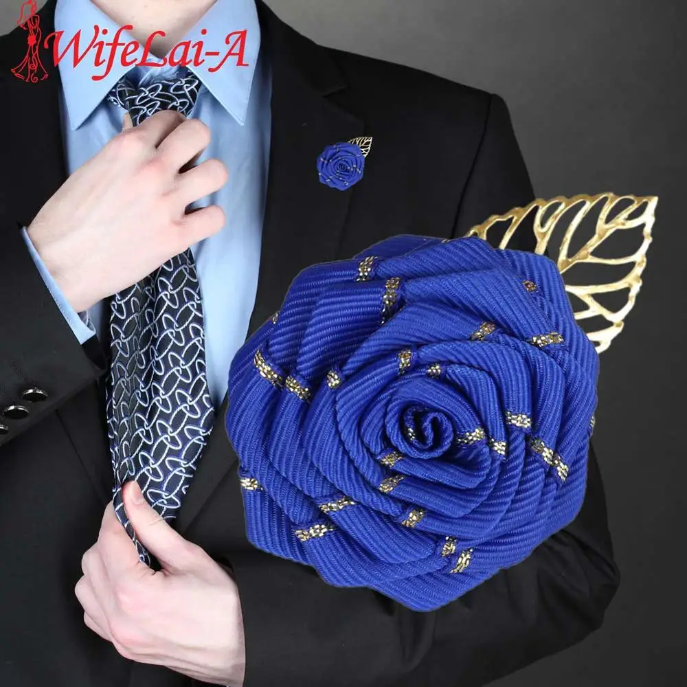 

7piece/Lot Classic Royal Blue Groom Groomsmen Flower Boutonniere Silk Rose Ceremony Flowers Gold Alloy Leaf Bridal Brooch XH039B