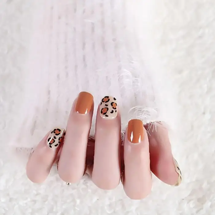 Женские сексуальные леопардовые акриловые накладные ногти короткий размер накладные ногти искусство советы с клеем Женские Простые оранжевые цвета Модные накладные ногти