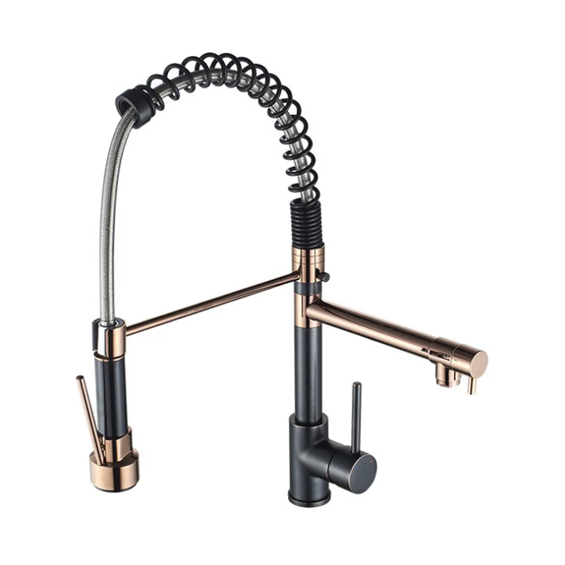  European retro rose gold + ORB black kitchen faucet all-copper multi-functional stretchable rotary  - 33010752723