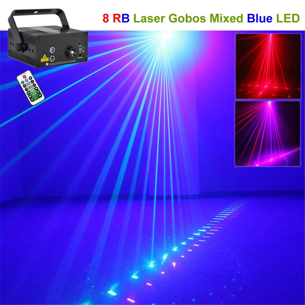 

Mini 8 Patterns Red Blue Laser Projector Stage Lights 3W Blue LED Mixing Effect Lamp DJ Home Party KTV Laser Show Lighting 08RB