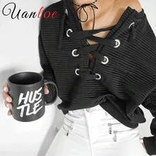 UANLOE Hoodies Women 2017 New Autumn Winter V Neck Long Sleeve Short Cropped Top Tracksuit Sexy Chic Lace Up Knitted Sweatshirt side lace up cropped long sleeve top