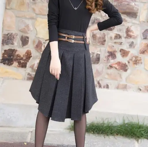 

Autumn Winter Wool Skirt For Women Plus Size Mid Long Skirt High Waist Pleated Skirt Black Gray Woolen Skirts Women RQ265