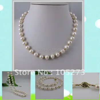 

Wholesale Elegant pearl jewelry AA 3MM gold beads 9-10MM 18inch white fresh water pearl necklace 1pcs/lot free shipping A1629N