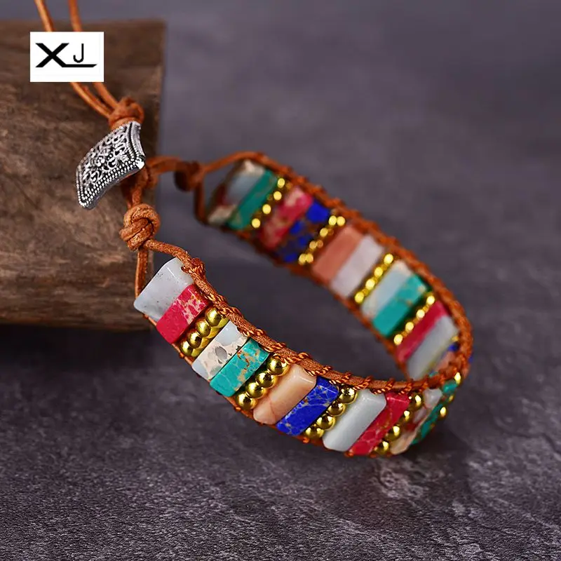 

XIN JIAO Free shipping Handmade Imperial Jaspers stone Thread Tube Beads Leather Cowhide Rope Wrap Bracelets Jewelry Women Gift
