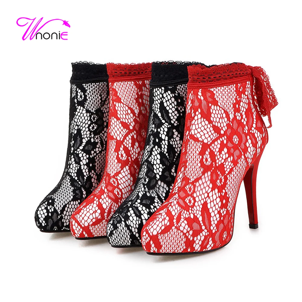 

2017 Fashion Women Ankle Boots Floral Lace Ribbon Super High Heel Spike Zipper Plush Casual Party Short Winter Boots Women Shoes