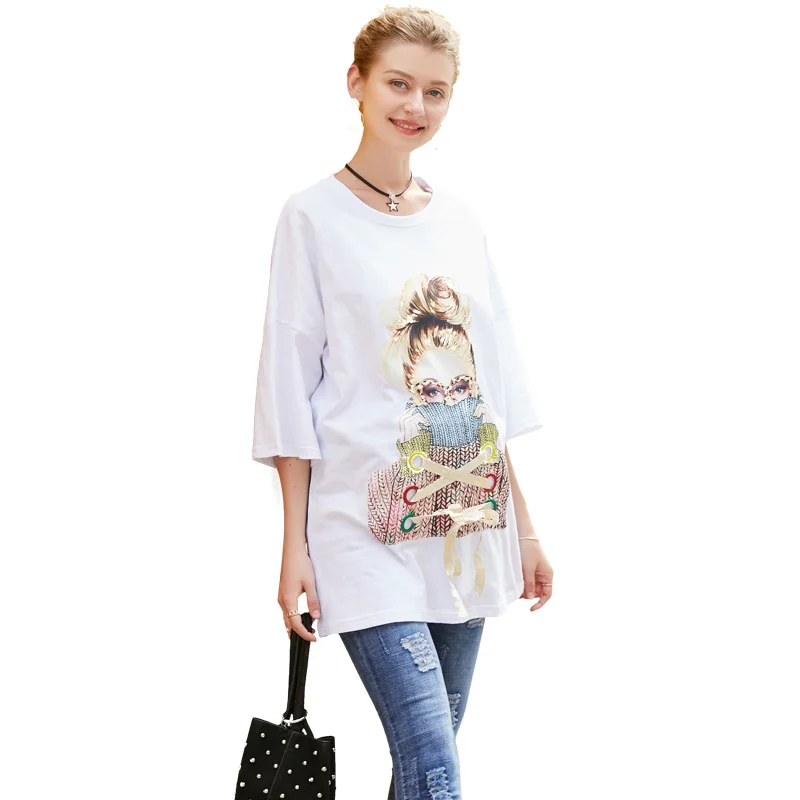 

Europe Hot Sale 2018 Summer Pregnant Women Fashion Casual Beauty Girl Printing Cotton T Shirt Tops Maternity Sequins Loose Shirt