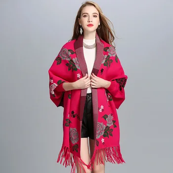 

FXFURS 2019 Oversize Winter Cashmere Pashmina Women Printed Female Tassel Jacquard Cardigan Long Sleeve Vintage Knit Shawl
